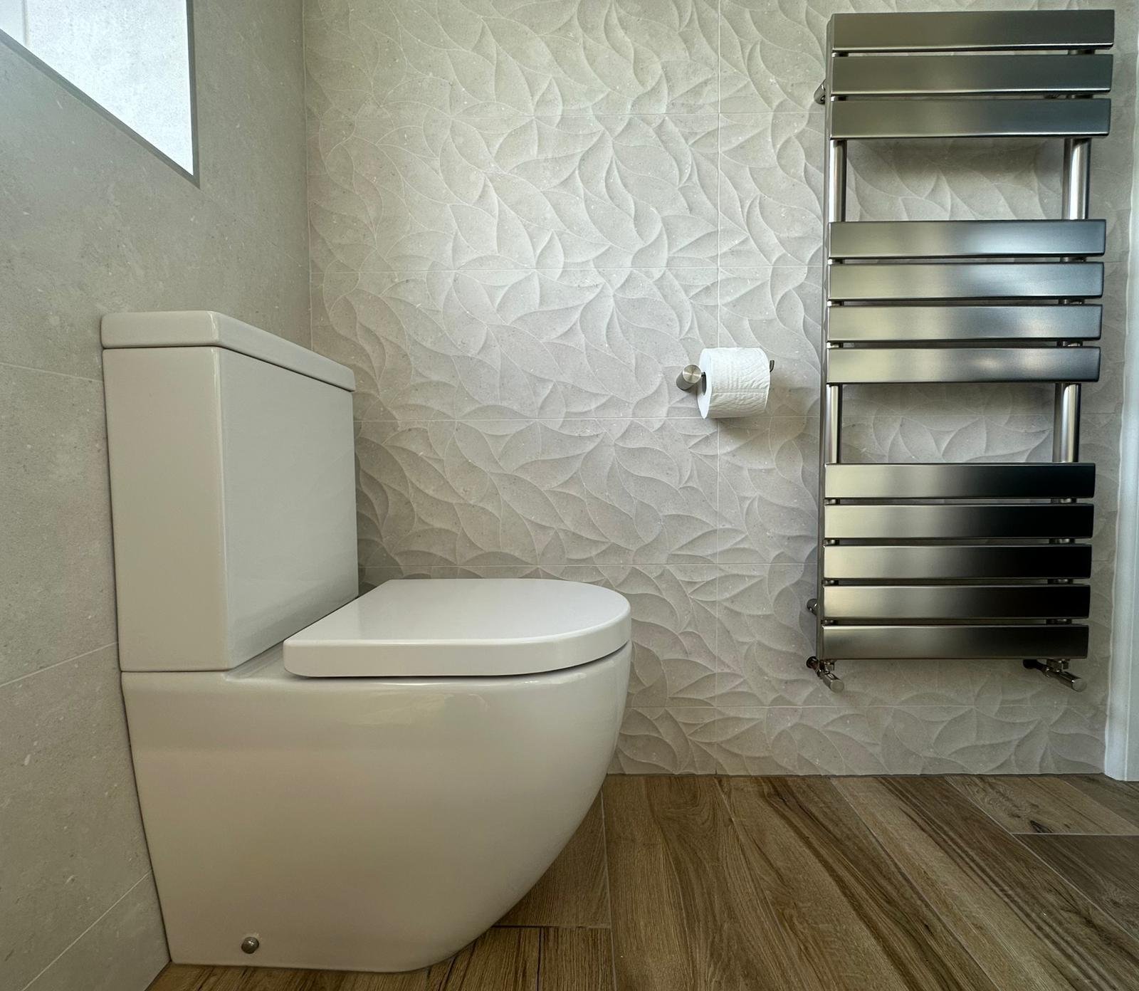 Spa-inspired bathroom in Derbyshire with calming natural colours and tactile finishes